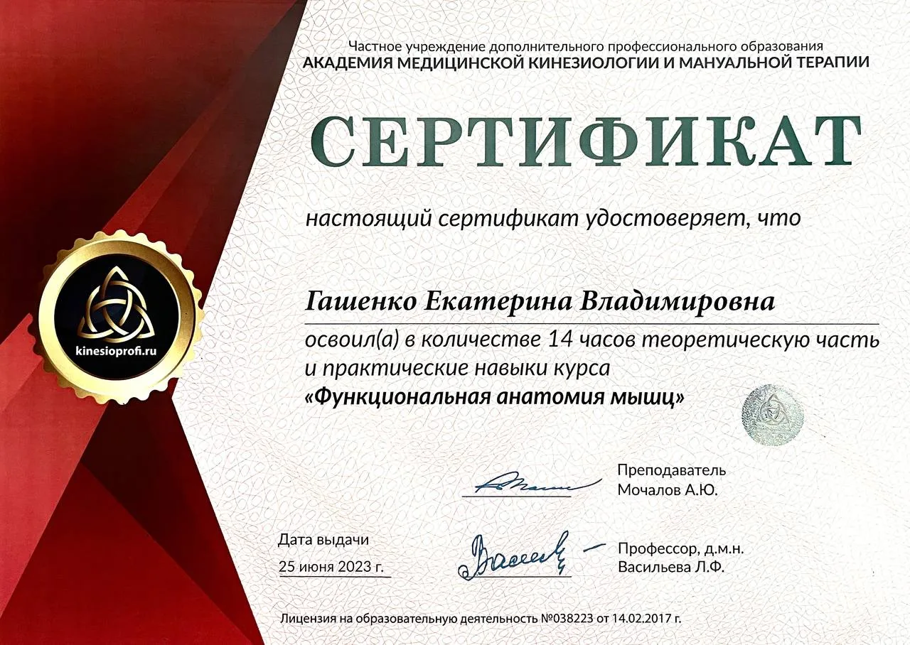 Сертификат: Функциональная анатомия мышц, 2023